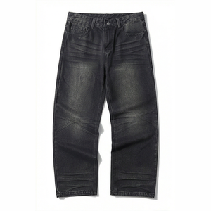Jean en denim coupe droite délavé foncé pour homme, taille mi-haute, coupe classique, en coton, style décontracté, pantalon d'automne - Product Image 1