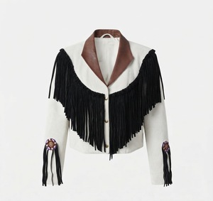 Chaqueta con flecos para mujer, cuello de cuero marrón, flecos de gamuza negra, puños bordados, estilo Prairie Chic corto - Product Image 1
