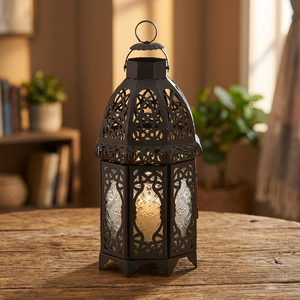 <b>Moroccan</b> Style Metal Lantern with Glass Panels Elegant Hanging <b>Light</b> Decorative Lamp for Home and Garden Ambiance - Product Image 1