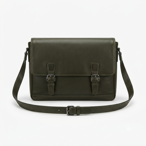 Sac messager unisexe en cuir véritable vert uni avec sangle réglable et fermeture à boucle classique, idéal pour un usage quotidien en toutes saisons - Product Image 1