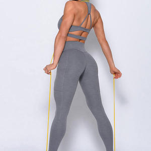 Seamless Yoga Set Women High Waist Full Length Leggings With Crop <b>Top</b> Spaghetti Strap Scoop Neck Solid Color Sportwear - Product Image 4
