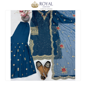 Collection de designer la plus récente et la plus élégante de costumes Sharara en faux georgette lourd avec dupatta en georgette et broderies. - Product Image 2