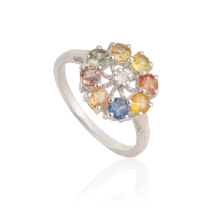 Bague grappe de fleurs en argent 925 plaqué rhodium, saphir multicolore taille diamant, sertie à griffes, style classique, pour femme, usage quotidien - Product Image 3