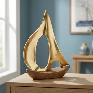 Modèle de bateau décoratif en métal et bois, or et brun, fait main, pour la décoration de la maison, du bureau, de la table ou du salon - Product Image 6