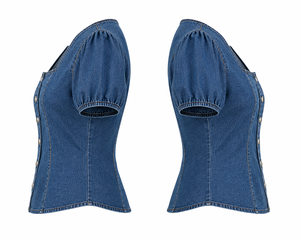 Robe courte en jean bleu à manches bouffantes, col carré, boutonnée devant, coupe trapèze, décontractée, pour femme, été - Product Image 2
