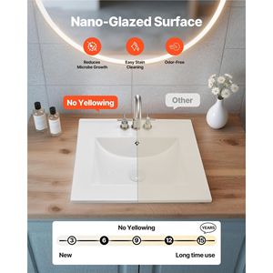 Lavabo rettangolare in ceramica bianca da 20,08 x 18,31 pollici con troppopieno, semi-incasso, per bagno, con 3 fori per rubinetto, stile a goccia - Product Image 3