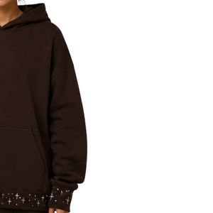 Sweat-shirt décontracté d'hiver pour femme, coupe oversize, marron foncé, avec ourlet croisé orné de strass, en molleton de coton premium - Product Image 4