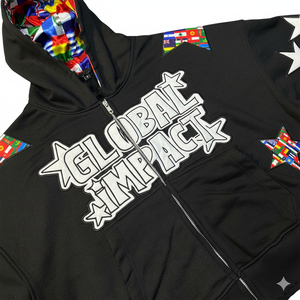 Global Impact Hooded Zipper Sweatshirt Men Oversized Streetwear Black <b>Star</b> Patchwork <b>Design</b> Autumn Style - Product Image 4