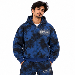 Sweat-shirts à capuche zippés tie-dye bleus personnalisés avec logo en strass, coupe classique, streetwear, vente en gros, fabricant de marques privées - Product Image 1
