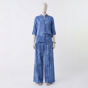 Women 2 Piece Long <b>Set</b> Blue Solid Cotton Oxford Mandarin Collar Top Wide Leg Pants Casual Spring Summer Regular Fit High Street - Product Image 1