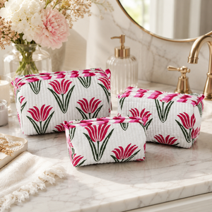 Premium Pink Tulip Print 3 Piece <b>Quilted</b> <b>Makeup</b> Pouch Set Cotton Cosmetic <b>Bags</b> for Women Travel Toiletry Organizer Zipper Gift S - Product Image 1