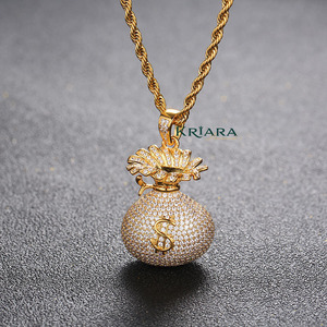 Pendentif Sac d'Argent en Argent 925 Plaqué Or 18K avec Diamants de Laboratoire et Strass, Style Hiphop Unisexe pour Fête - Product Image 4