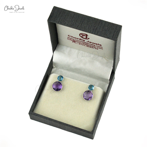 Top Quality 10mm Round Checkercut Amethyst & Swiss Blue Topaz Gemstone Stud <b>Earrings</b> with 925 Sterling <b>Silver</b> Wholesale Lots - Product Image 3