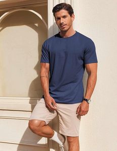 T-shirt pour homme bleu marine à manches courtes, col rond, coupe ajustée, décontracté, tricoté, 100% coton, design uni, tissu jersey respirant - Product Image 2