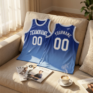 Conjunto de Uniforme de Baloncesto Sublimado Personalizado, Azul y Blanco, Nombre del Equipo, Número 00, Cuello en V, Sin Mangas, Unisex, Transpirable, de Poliéster - Product Image 6