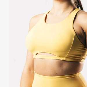 Soutien-gorge de sport jaune pour femme, à dos nu et découpes, maintien moyen, respirant, couleur unie, sans couture, pour le yoga et le fitness - Product Image 4