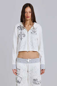 <b>White</b> Zip Up <b>Hoodie</b> <b>Women</b> Floral Print Plaque Graphic Cotton Blend Autumn Top - Product Image 2