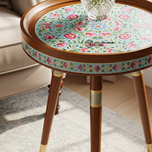 Floral Meena Wooden <b>Stool</b> Handcrafted <b>Round</b> Decorative Accent <b>Stool</b> with Traditional Hand Painted Design - Product Image 5