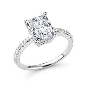Emerald Cut Diamond Engagement Ring 18K <b>Solid</b> Gold Rhodium Plated Prong Setting Pave Band Women's Classic Fine Jewelry - Product Image 6