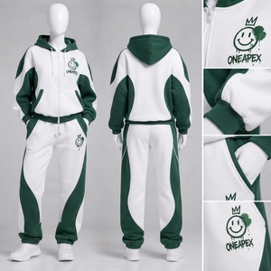 <b>Women's</b> Dark Green <b>White</b> Zip Hoodie <b>Tracksuit</b> Set Color Block Panel Design Oversized Jogger Pants Streetwear - Product Image 2