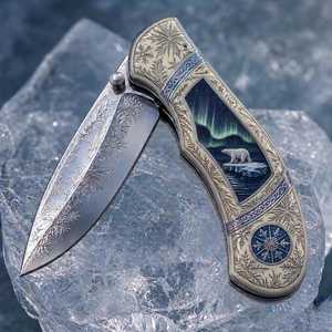 Navaja Plegable Artística con Diseño de Oso Polar y Aurora, Grabado de Copo de Nieve, Apertura con Perilla, Punta Afilada - Product Image 4