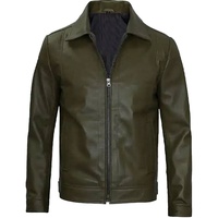 Veste en cuir véritable pour homme, sur mesure, couleur vert olive foncé, col chemise, OEM, fermeture éclair, col rabattable, style décontracté.
