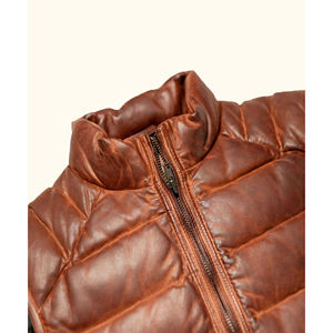Men's <b>Brown</b> Genuine Leather Stand Collar Puffer <b>Vest</b> With Zipper Closure Windproof Casual Winter Outerwear - Product Image 2
