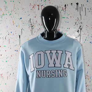IOWA NURSING SKY BLUE <b>Mock</b> <b>Neck</b> Sweatshirt 100% WHITE Applique Embroidery wide <b>neck</b> Sweatshirt Finer Threads - Product Image 1