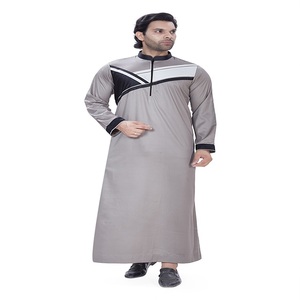 Qamis gris à manches longues pour homme, col montant, longueur ras du sol, décontracté, colorblock, en polyester, coupe classique, style ethnique du Moyen-Orient, pour usage quotidien - Product Image 1