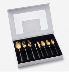 Ensemble de couverts modernes en or avec poignées noires en acier inoxydable, compatibles lave-vaisselle, pour mariage et réceptions - Product Image 6