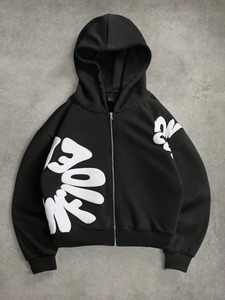 Sudadera con capucha unisex informal de hip hop con cremallera y estampado, de forro polar de algodón de 280 g, holgada, con forro satinado, estilo streetwear para otoño. - Product Image 1