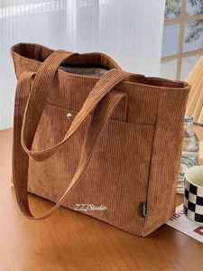 Sac fourre-tout en velours côtelé rose personnalisé pour femmes, grande capacité, en tissu coton, pour le shopping, les courses, l'école, le travail, sac à main à bandoulière - Product Image 2