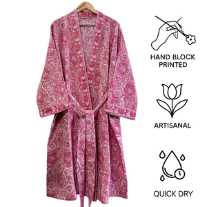 Peignoir de bain en coton gaufré rose écologique compressé de qualité supérieure, imprimé à la main en Inde, kimono de luxe pour spa, vente en gros pour femmes - Product Image 3