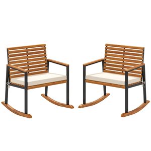 Set di 2 sedie a dondolo da esterno in legno di acacia con cuscini e braccioli bianco crema - Product Image 1