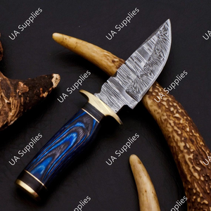 Best Selling Handmade Damascus Steel Drop Point Skinner Knife Blue Black Pakka Wood Handle Brass Guard Razor Sharp Fixed DIY - Product Image 6