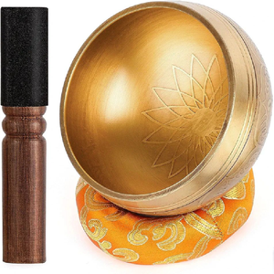 Yellow painted brass Tibetan singing bowl set features chakra symbols and matching cushion, available at wholesale prices. - Product Image 6