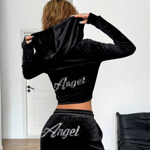 Ensemble de survêtement à capuche en velours noir imprimé et orné de strass, style Y2K Lowrise 2026 - Product Image 1