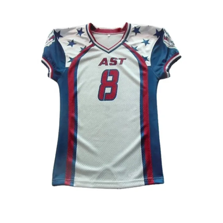 Custom Jeugd Wit En Blauw Amerikaanse Voetbal Truien Met Team Naam En Logo Hoge Kwaliteit Polyester Amerikaanse Voetbal Jersey