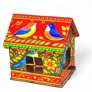 Mangeoire à oiseaux artisanale en bois de manguier - Design folklorique blanchi vieilli - Vente en gros - Product Image 3