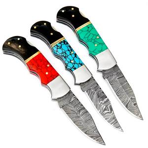 Juego de 3 cuchillos plegables de acero de Damasco con mango turquesa, funda de cuero, cuchillo de bolsillo EDC para caza y camping, cuchillo de regalo personalizado. - Product Image 3