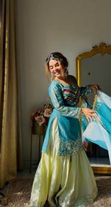 <b>Teal</b> Embroidered Anarkali Suit Set With Cream Sharara And Dupatta Indian Pakistani <b>Wedding</b> <b>Dress</b> - Product Image 2