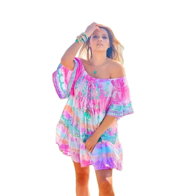 Women Strapless Bodycon Dresses Tie Dye & Embroidery Clothing Dress Lady Party Wear Summer Bohemian Cover Up Tunic