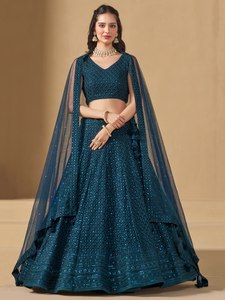 Blue Satin <b>Sequin</b> Embroidered A-Line Maxi Traditional Evening Dress V-Neck Sleeveless Party Wear Bridal Event Outfit - Product Image 1