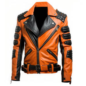 Veste en cuir véritable unisexe, orange et noir, faite à la main, pour l'hiver, style motard, streetwear tendance - Product Image 1