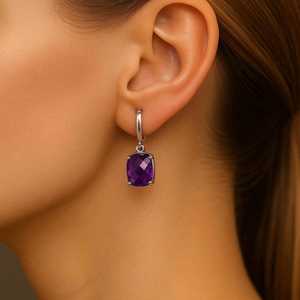 925 Silver Platinum Plated Amethyst Drop <b>Earrings</b> Bezel Setting Purple Gemstone Trendy Women's Jewelry Everyday Wear Third Party - Product Image 1