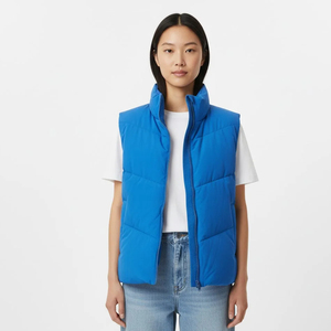 Custom Women's Bright Blue <b>Puffer</b> <b>Vest</b> High Stand Neck V Quilting Pattern Sleeveless Padded Casual Outdoor <b>Vest</b> OEM Supplier - Product Image 6