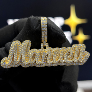 <b>Custom</b> Pave Halo Script <b>Name</b> Pendant 925 Sterling Silver VVS Moissanite Fully Iced Hip Hop <b>Necklace</b> Yellow Gold Jewelry Designer - Product Image 5