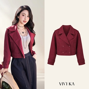 Women's <b>Burgundy</b> Cropped <b>Trench</b> <b>Coat</b> Double Breasted Cotton Twill Jacket Epaulettes Adjustable Cuff Casual Outerwear NORY - Product Image 1