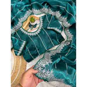 TREANDING <b>SILK</b> EMBROIDERY SEQUENCE WORK SAREE WITH STITCHED <b>BLOUSE</b> SEA <b>GREEN</b> - Product Image 1