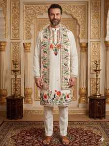 Conjunto de Kurta y Pijama Bordado en Seda de Primera Calidad para Hombre |   Ropa Étnica de Diseño para Hombres para Bodas y Festivales - Product Image 2